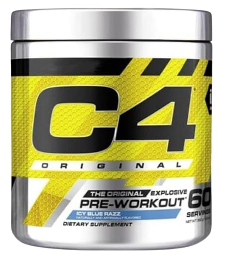 C4 Pre Workout Powder for Men &amp;amp; Women, 60 Servings, 390g, Icy Blue Razz Flavour